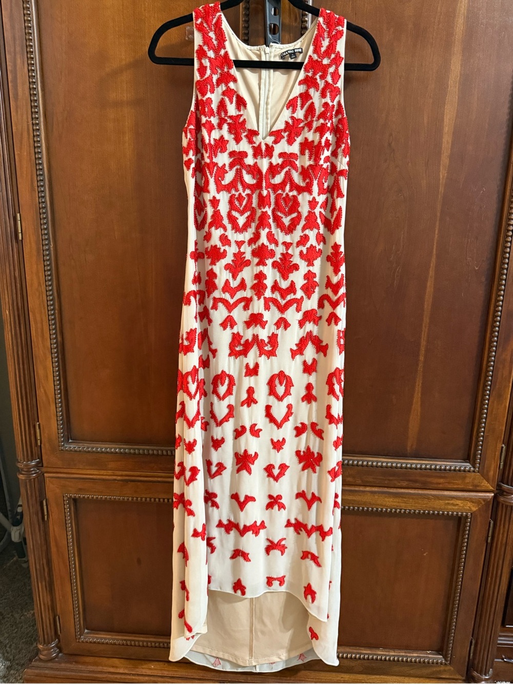 Gianni Bini Ivory High-Low Maxi Dress with Red Embroidery